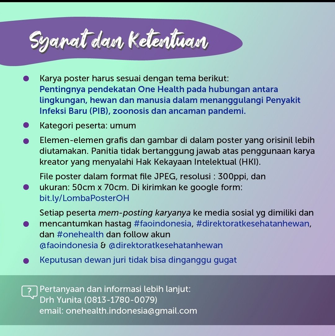 FAOIndonesia's tweet photo. Siaang #SobatPangan! 

🔈 ada info untuk para pendesain nih, ayo merapat 😆

Dalam rangka memperingati One Health Day, FAO ECTAD bersama @ditjen_pkh membuka lomba desain poster tentang One Health 😄 deadline 26 November ini!

 Ditunggu yaaa.. https://t.co/inUxupPXSY