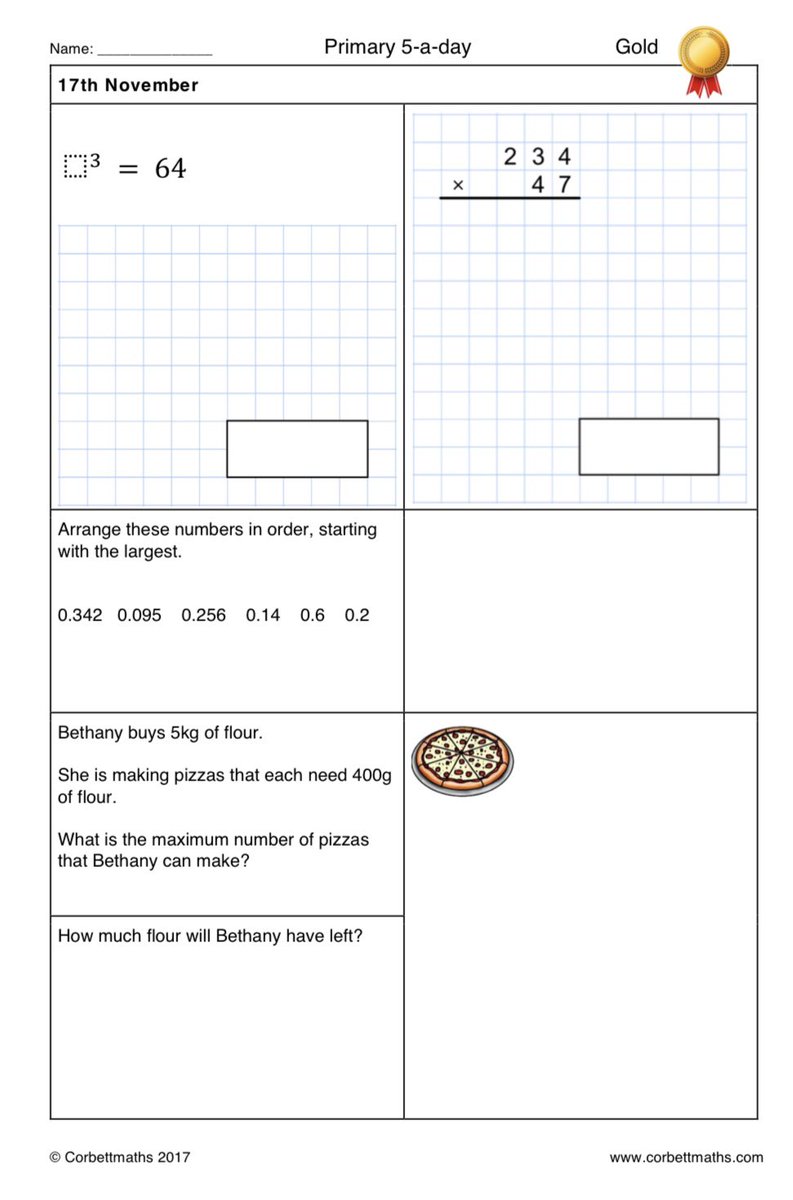 Corbettmaths's tweet photo. Primary 5-a-day with 4 levels of difficulty: bronze, silver, gold and platinum #corbett5aday #maths5aday Answers: https://t.co/gkkklq3n6b https://t.co/Y9HxlfB7v9
