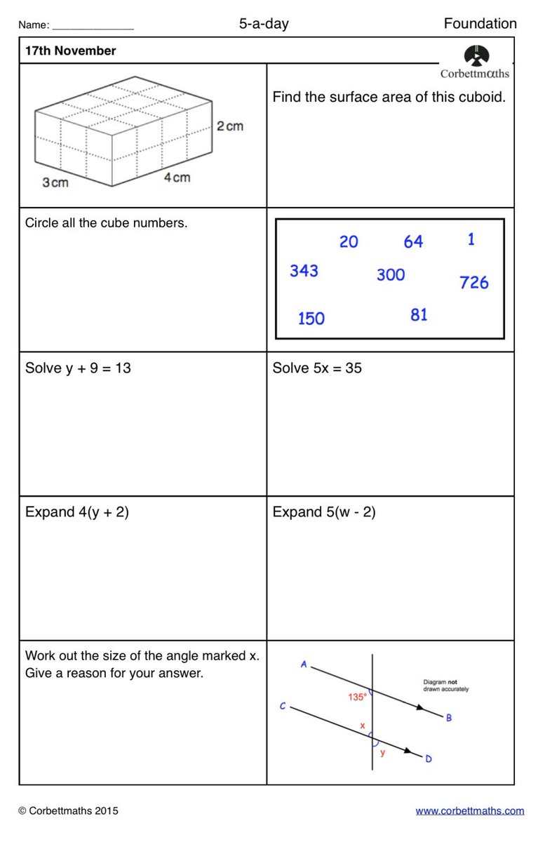 Corbettmaths's tweet photo. Studying for Foundation GCSE Maths? Try today's Foundation or the challenging Foundation Plus #maths5aday answers: https://t.co/KjyjGhyzMc https://t.co/99YkkueG8W