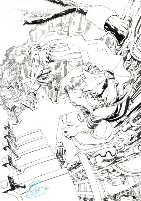 #皆さん線画と塗った後を見せてください 
アナログ画です。

線画(黒)/アクリル

カラー/色全般をカラーインク
    光ホワイトはアクリル 