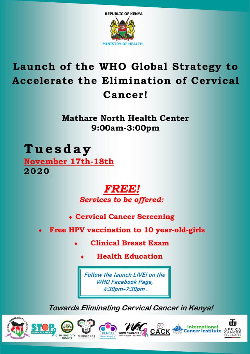 The world has committed to eliminate cervical cancer and as a country, we are also right on track. Do join us as we launch the #WHO Global Strategy to Accelerate the Elimination of #CervicalCancer @HudumaKenya @NCDAK @kenconetwork @WHOKenya @MOH_Kenya @NairobiCityGov @NCCP