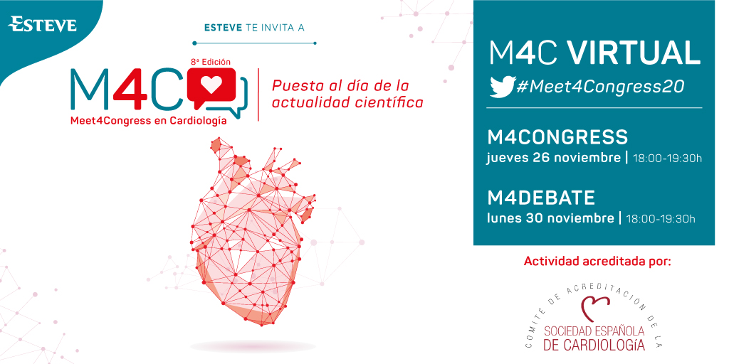 ESTEVE_ESP's tweet photo. #SAVETHEDATE
📆El 26 y 30 de nov.tendrá lugar la 8ª edición,este año virtual,de #Meet4Congress20: punto de encuentro para revisar los 4 grandes congresos y debatir sobre las últimas novedades en #cardiología. No te lo pierdas y regístrate, te esperamos!👉 https://t.co/6dRIIpVX7N https://t.co/nsKYBlAbvT