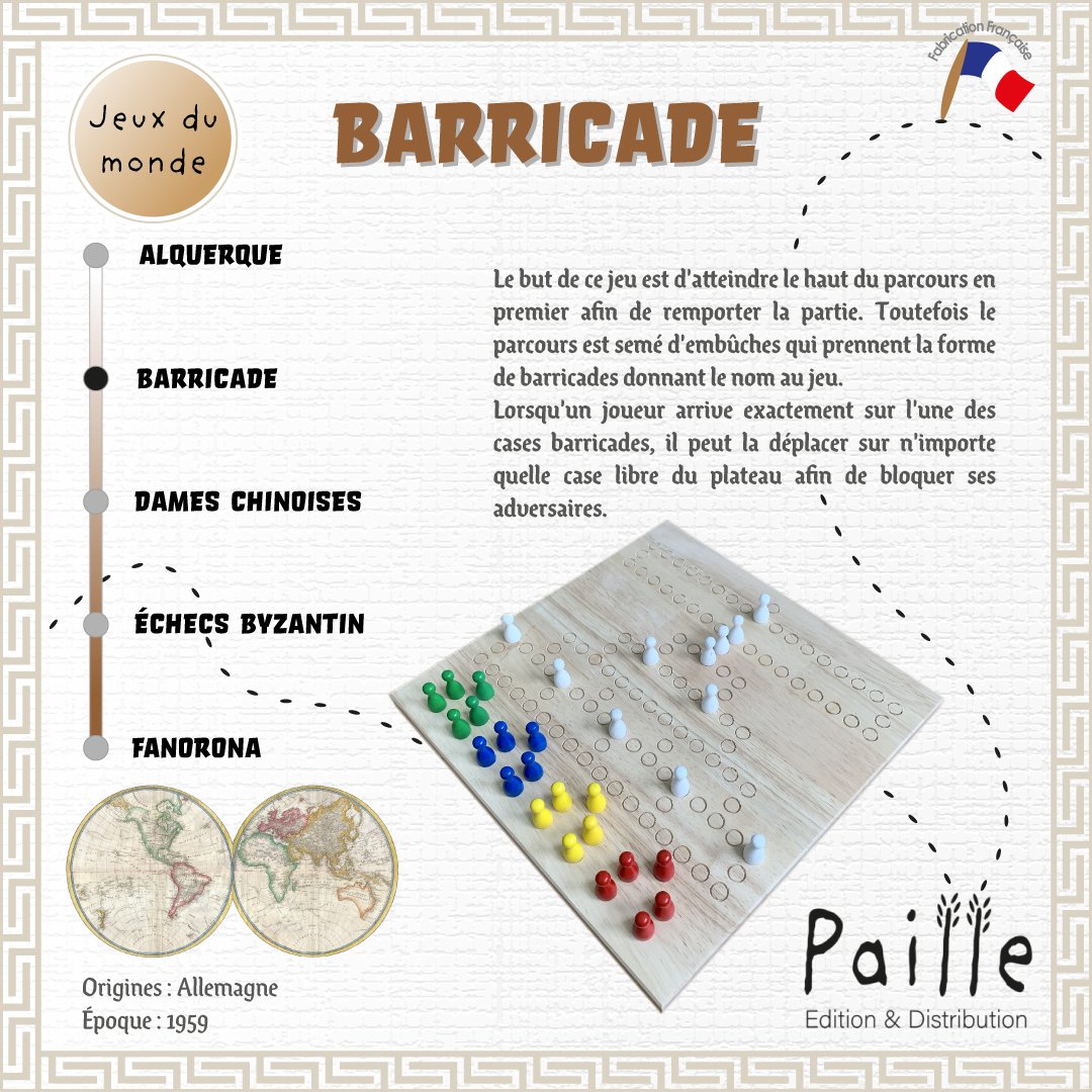 PailleEdition53's tweet photo. 🟠 Un jour un jeu 🟠

♟Voici notre jeu Barricade, originaire d'Allemagne et datant de 1959 🇩🇪

🇫🇷Fabriqué en France🇫🇷

➡️Retrouvez Barricade sur notre site https://t.co/KuVrlo7YO9⬅️

#Barricade #jeudesociete #jeudumonde #Allemagne #histoire #culture https://t.co/UFusferTs1