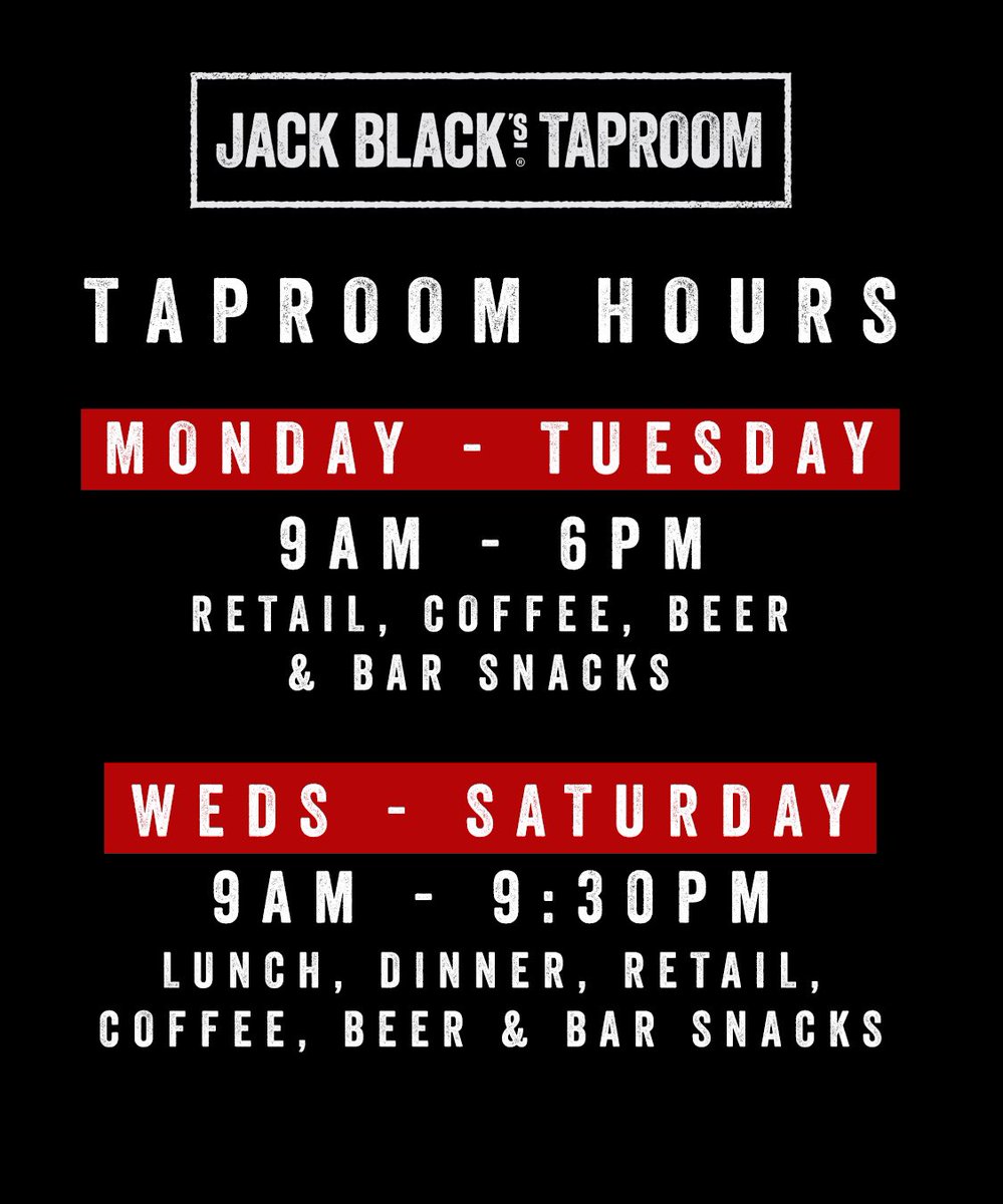 These are the new Taproom Hours - now also including Saturday nights! Get in touch if you’d like to make group bookings for business events or special celebrations. 😁🍺
Email: taproom@jackblackbeer.com