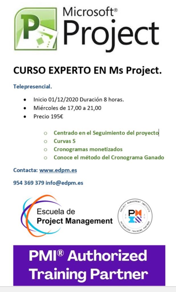 edpm_es's tweet photo. PRÓXIMO TALLER MS PROJECT

Planificación y Seguimiento de Proyectos. Curvas S. Líneas Base. Cronogramas Monetizados Valor Ganado Cronograma Ganado

#formaciononline #PMP #arquitectura #projectmanagement #quedateEnTuCasa y #estudia y #aprende 
#17novembre https://t.co/G15Io4aXv7