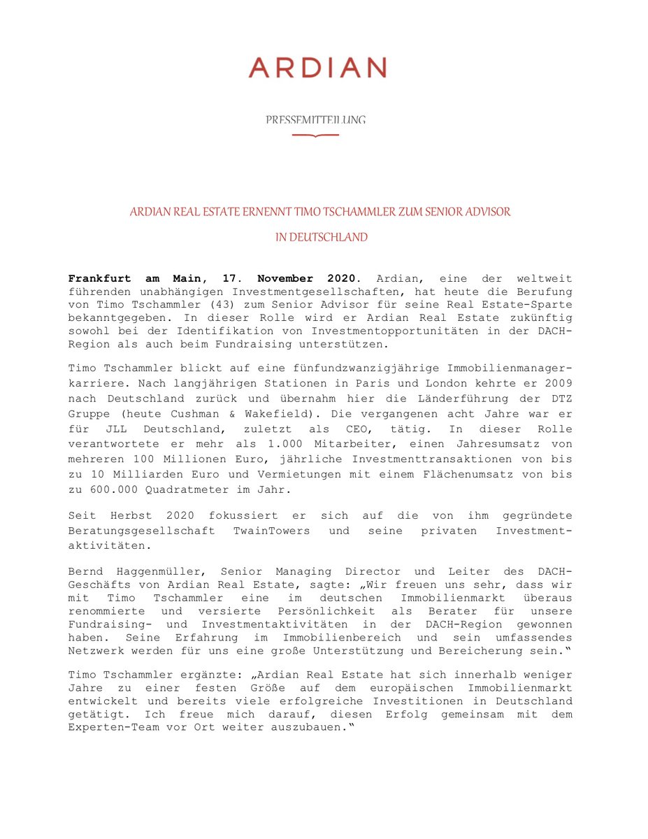 $ 100+ Milliarden Assets under Management, eine dynamische Investmentstrategie und die drei Leitgedanken Exzellenz, Loyalität und Unternehmertum - #ARDIAN, ein Partner nach meinem Geschmack. 

Ich freue mich sehr über die Berufung zum Senior Advisor #TwainTowers.