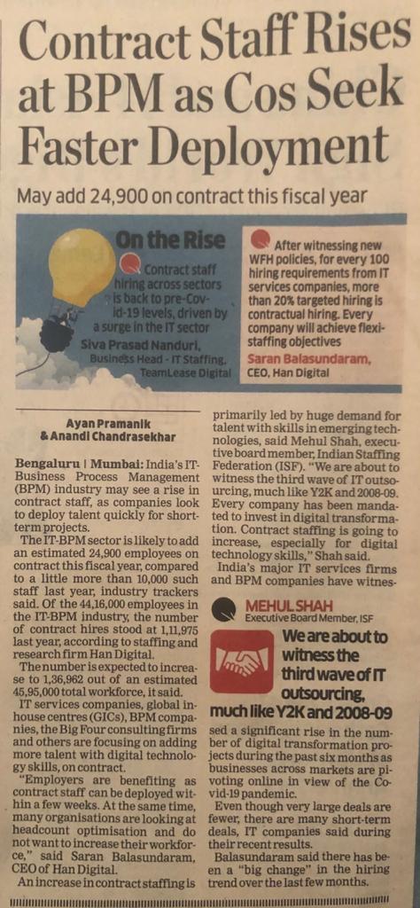 handigitals's tweet photo. #contract #staffing increasingly sees the demand in the #ITBPM market. we predict that the #ITBPM market expected to add 1.5times of contractual staff this FY

Thanks, @EconomicTimes @Anandi_ET @ayanpramanikET

@handigitals @Saranbalas https://t.co/lIk8a0y1A9