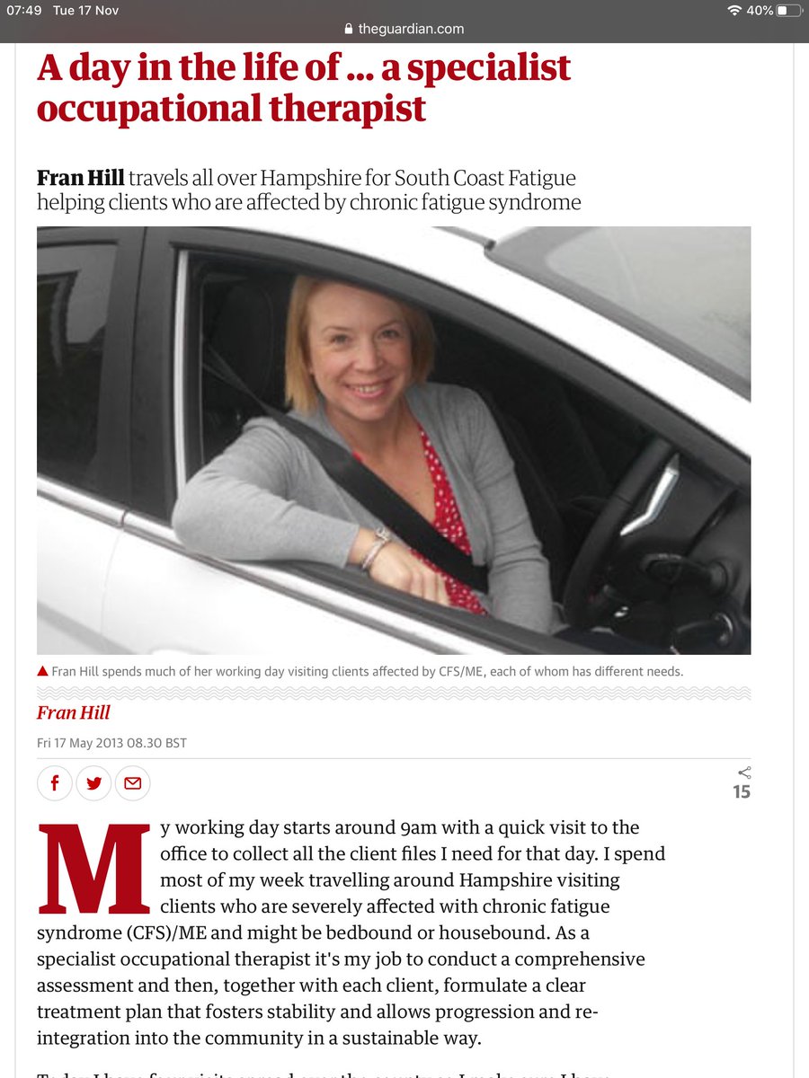 Nice work if you can get it. we’ll ignore the fact here that the NICE guidelines say only Mild and Moderate patients should be “treated” with GET so she shouldn’t be visiting severe patients and incrementing their activity. But Fran knows best.  http://www.guardian.co.uk/social-care-network/2013/may/17/day-in-the-life-me-specialist-occupational-therapist