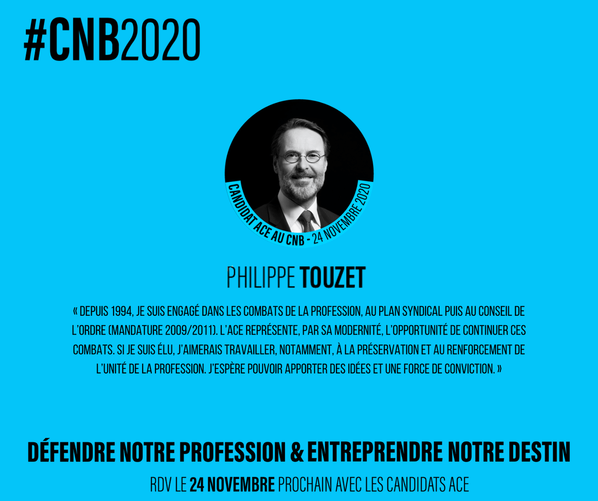 ACEavocats's tweet photo. 👉 Découvrez Philippe Touzet, candidat pour l'ACE aux élections du 24 novembre au Conseil National des Barreaux ! 🚀
#CNB2020 #JeVoteACE https://t.co/g5Wz1TbC8o