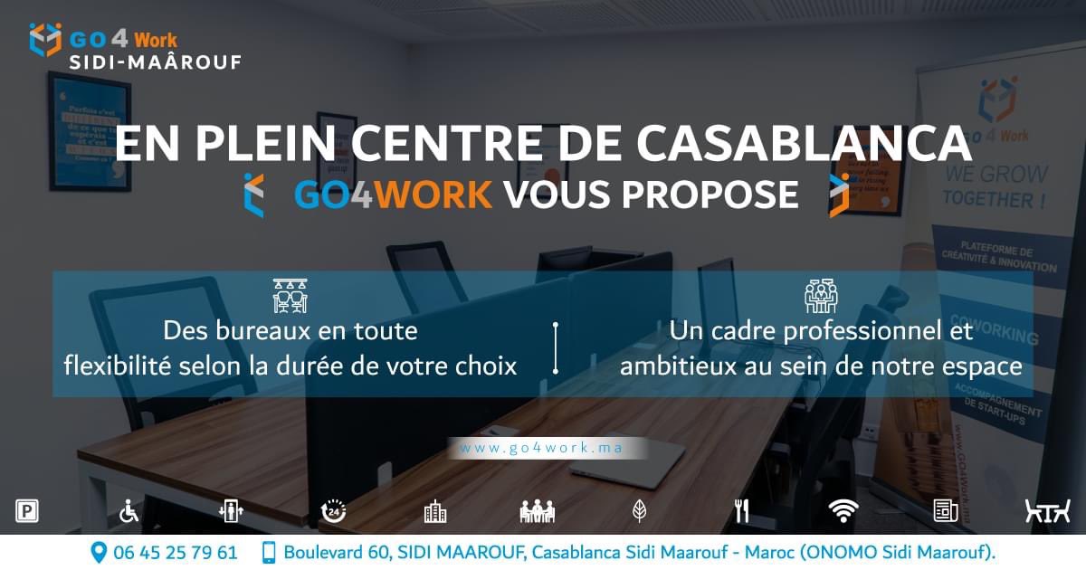 GO4Work_'s tweet photo. 🔸Chez #GO4Work, profitez d'un environnement de travail libre de toute agitation.😌
🔹Bureaux disponibles pour des journées entières et des locations mensuelles.
📍 : Venez-visiter (1Site) : Boulevard 60, SIDI MAAROUF-Casablanca Sidi Maarouf
☎️ : Appelez-nous +212 645-257961 https://t.co/0Fizvv7eUJ