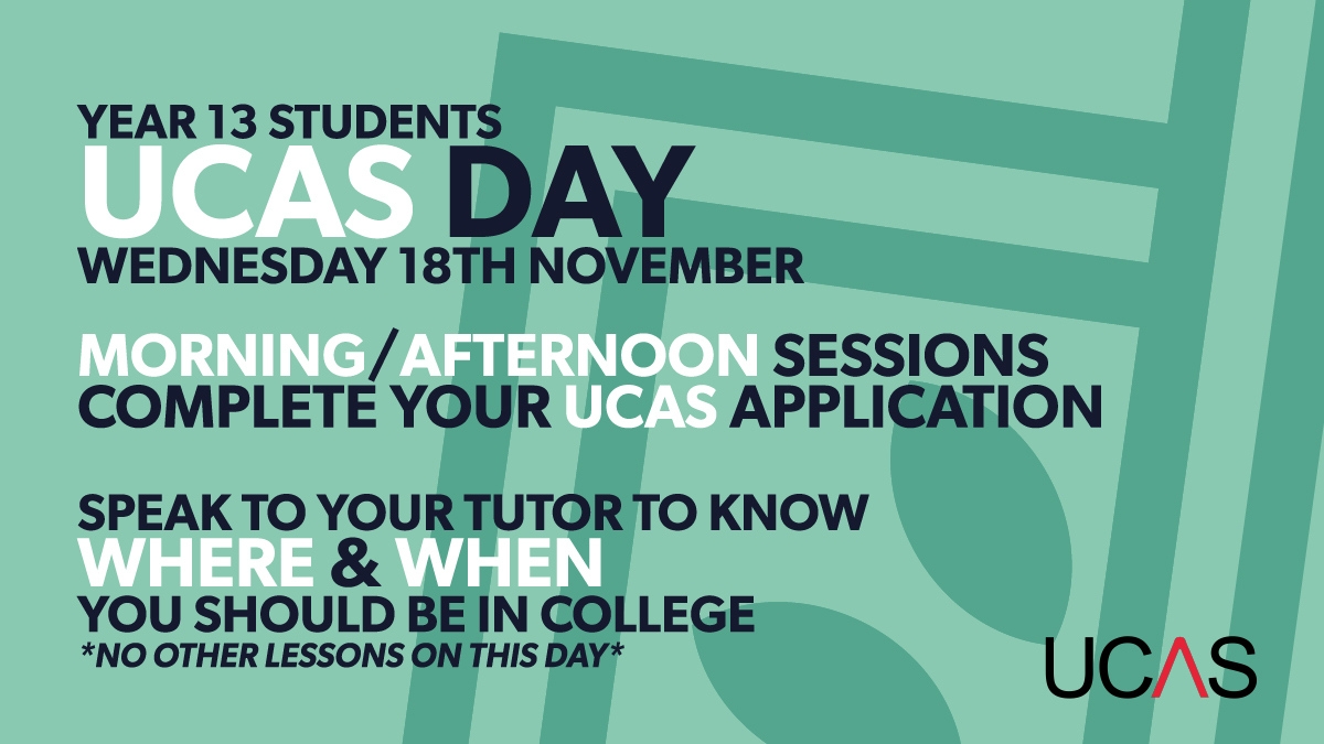 We are holding a UCAS day for all Year 13 students this Wednesday. Final Year Students should check with their tutors as to where & when to be in College.
Check out @ucas_online for tips in the meantime! 
 
#UCAS #UCASApplications #UCASDay #Uniapplications #Careerprogression