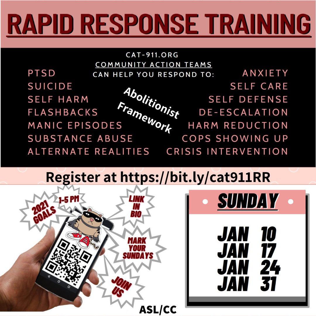 CAT-911 Abolitionist Mental Health Training

The training will be held 1-5pm pt on the following dates via zoom:

January 10
January 17
January 24
January 31

Register at: bit.ly/cat911RR