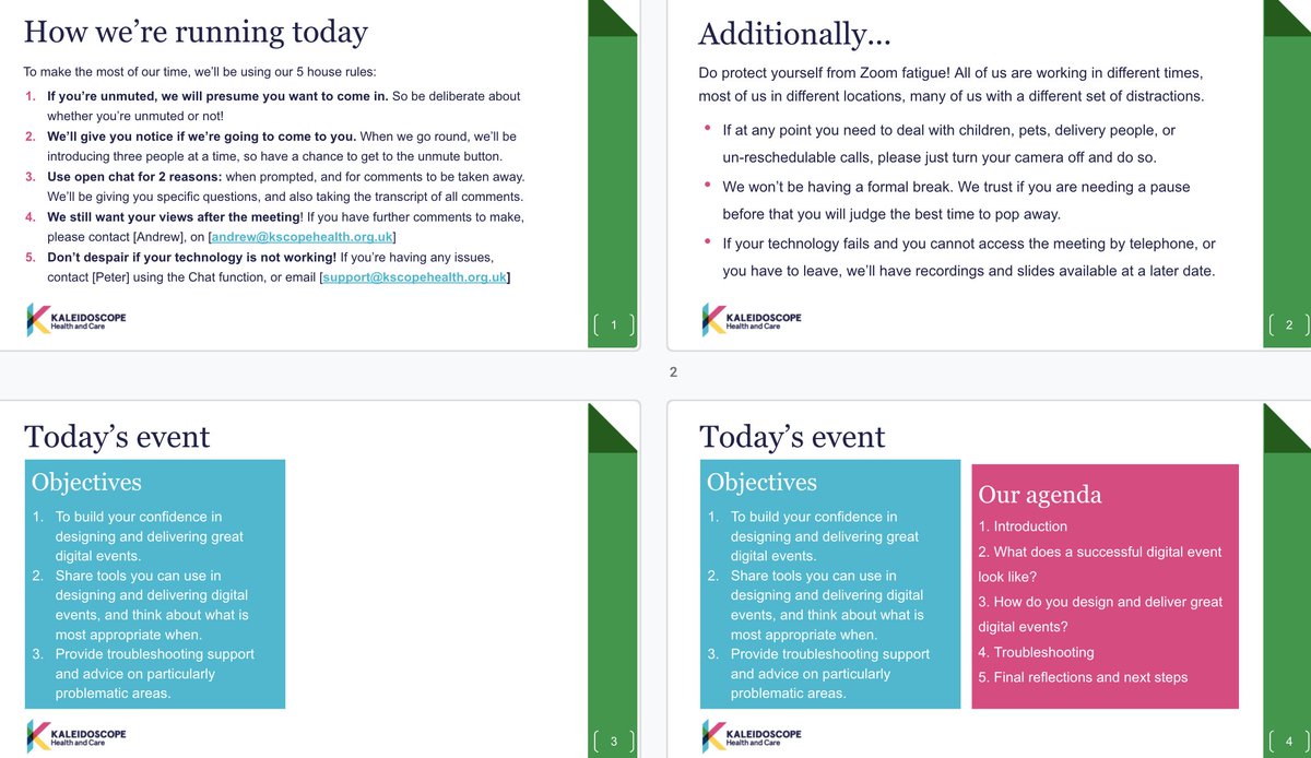 5. STEAL FROM OTHERS. This is a great time to be learning digital-ese. If you see someone else doing something you like, use it in your events. For a start, here's the first 4 slides we use (adapted) for every event. If you like them, use them! https://docs.google.com/presentation/d/1nWa_RkRnZDT9A0B4tcb-dymmJLQvNN8LJFA6-tGlZbc/edit#