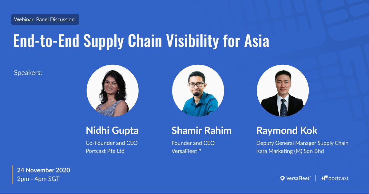 VersaFleet's tweet photo. Introducing the speakers for our joint-webinar panel discussion with @Portcast_io next Tuesday! 

◾ Nidhi Gupta Founder &amp; CEO of Portcast
◾ Shamir Rahim Founder &amp; CEO of VersaFleet
◾ Raymond Kok Deputy GM Supply Chain of Kara Marketing https://t.co/r7PKIFSgb5