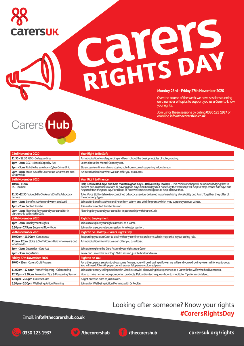 healthwatchsot's tweet photo. For Carers Rights Day 2020 next week @thecarershub will be running sessions on a number of topics to support carers to know their rights. 

👉 Safety
👉 Finance 
👉 Employment 

To join a session - ☎️ 0330 123 1937 or 📩 info@thecarershub.co.uk https://t.co/wU8jDJ9ba7