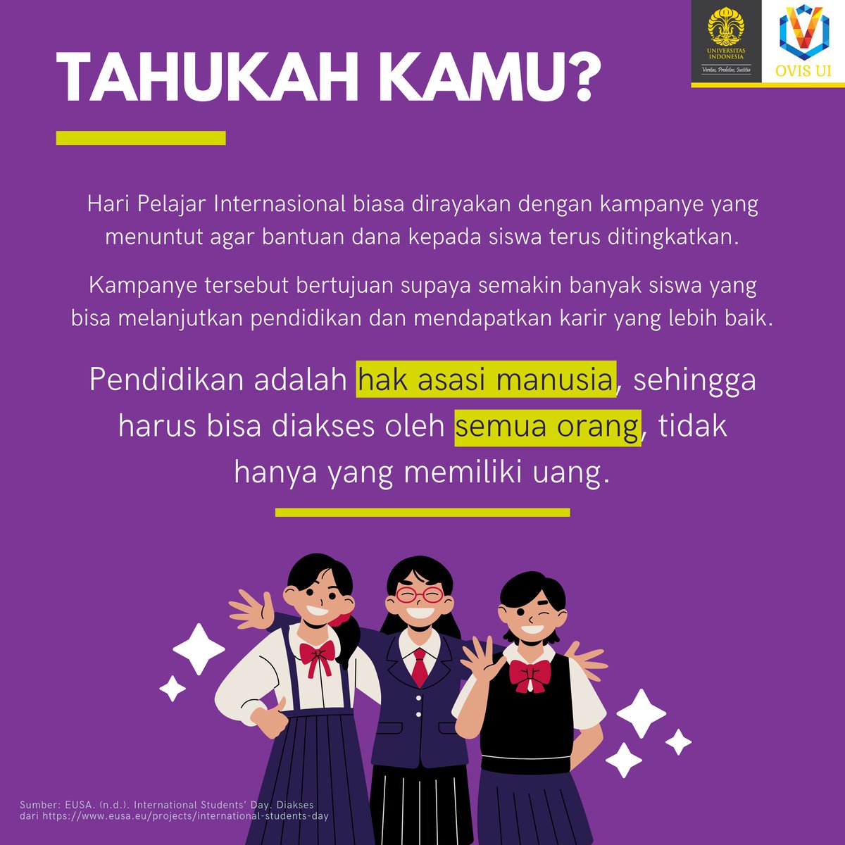 Pelajar juga bisa menciptakan sejarah, loh! Hari ini, 17 November, diperingati sebagai Hari Pelajar Internasional, utk mengingat aksi demo bersejarah yg dilakukan pelajar di Cekoslowakia.

Bagaimana kisahnya? Cek infografis ini!

#haripelajarinternasional #worldstudentsday2020