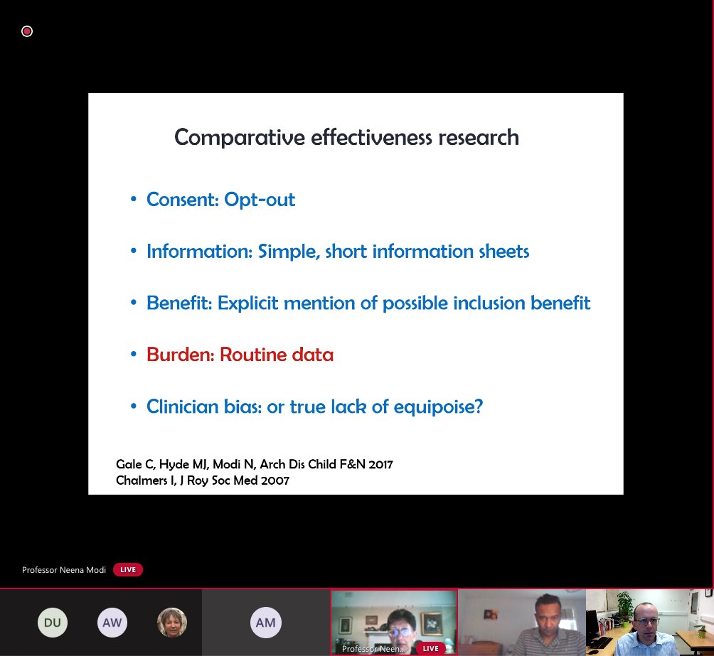 DrCGale's tweet photo. First up today at #NeonatalUpdate2020, and on right now is @NeenaModi1 discussing the use of โReal-world data for real patient benefitโ - and the importance of streamlined, streamlined approaches to research and international collaboration https://t.co/oAqWlPfrzQ