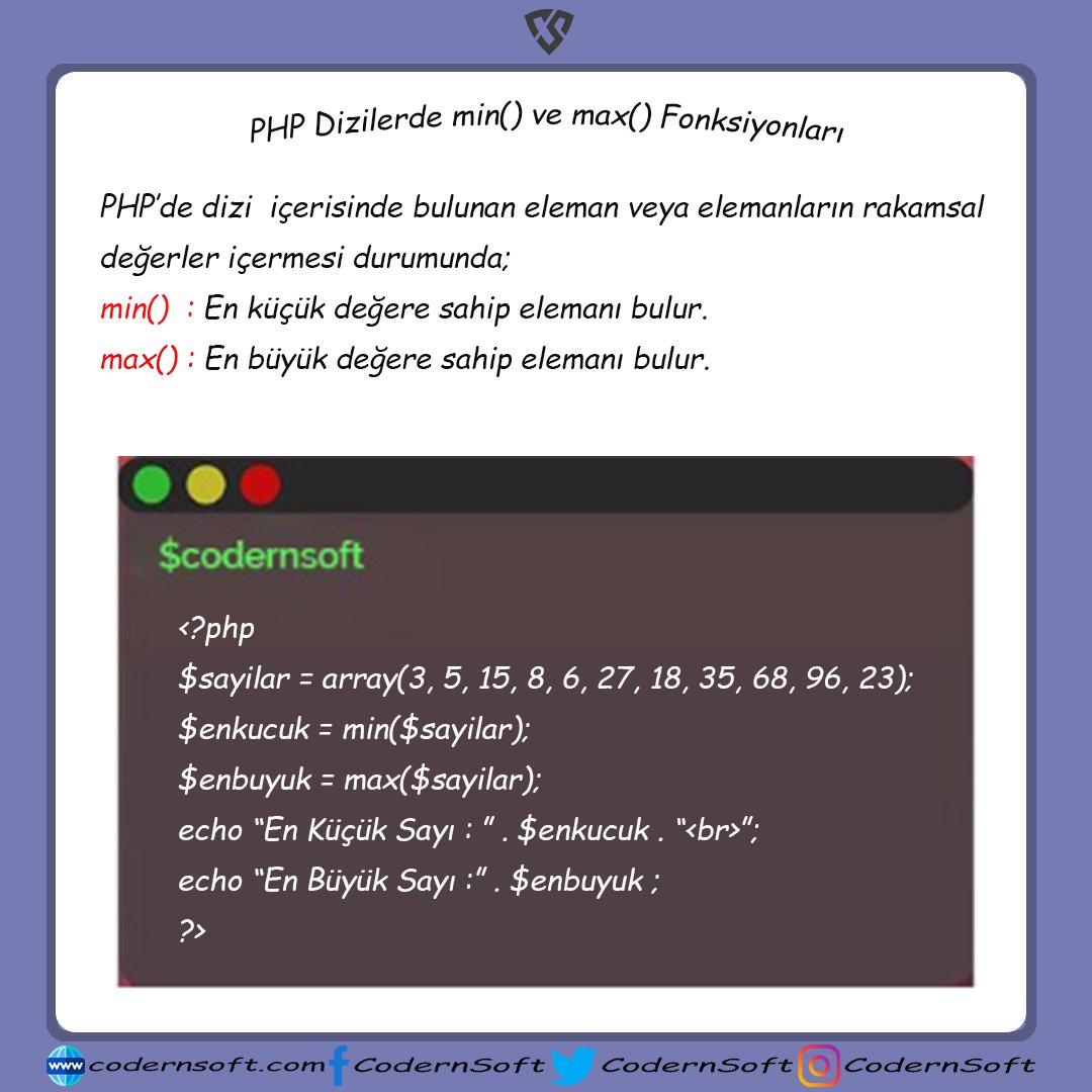 Php dizlerde en büyük ve en küçük değeri bulma.
#php #phpdeveloper #Developpement  #programming #array #python #YapayZeka #JS #developer #SizceAudimiVolvomu #Gunaydin #garan #DomatesYe #SALI #maske #bilim #PompeoDefol #GüzelŞeyler #YıldızKenter
