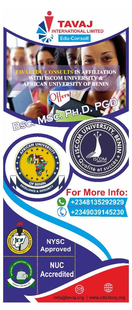 iTavaj_Limited's tweet photo. Tavaj EDU Consult &amp; IT Services.

EDU Consult
Are you interested in getting your BSc, MSc, PH.D and PGD
in Two of the Best University in Benin Republic.
*ISCOM University, Benin
*Africa University of Benin?
Then this would convince you 👇 https://t.co/0rCgq1KmDv