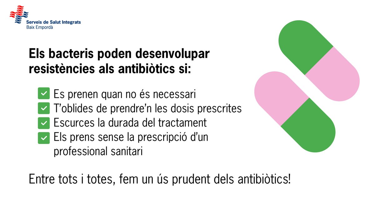 Els bacteris poden desenvolupar resistències als antibiòtics si: 

✔️Es prenen quan no és necessari
✔️T’oblides de prendre’n les dosis prescrites
✔️Escurces la durada d tractament
✔️Els prens sense la prescripció d’un professional sanitari

#Antibiotics | #KeepAntibioticsWorking