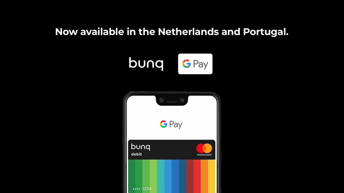 bunq's tweet photo. Pay contactless with speed and security! You can now use Google Pay with your Android device anywhere in The Netherlands and Portugal. Simply connect your bunq cards and spend carefree.

Learn all about it here 👉 https://t.co/aRLtytiFcy https://t.co/Ryj5UXFVt4