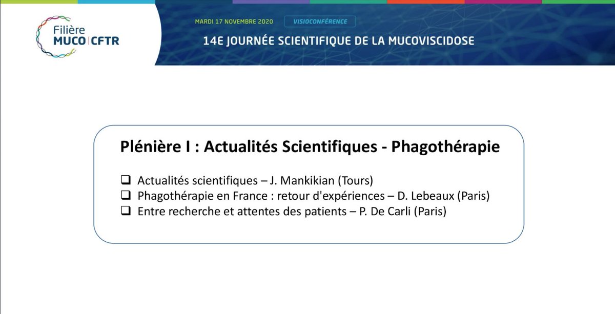 FiliereMucoCFTR's tweet photo. #JS2020 Et c'est parti pour la Plénière 1 : Actualités scientifiques - #phagothérapie ! 
#mucoviscidose https://t.co/h7iRWcxbHg