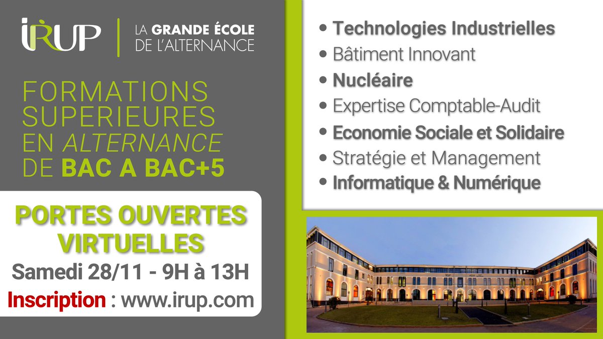 IRUPOfficiel's tweet photo. 💻 [#JPOVIRTUELLE]

Cette année, c'est l'IRUP qui vient à vous😉

Découvrez la Grande Ecole de l'Alternance lors de notre Journée Portes Ouvertes virtuelle le samedi 28/11 !

📅 28 novembre 2020
🕒 9h-13h

👉 Inscription : https://t.co/ARsabI504f https://t.co/aU1ipWslD4