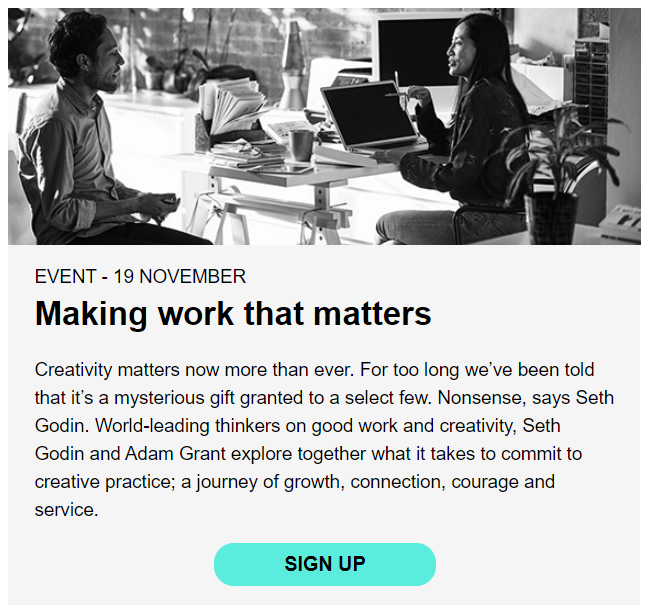 ST3AMCo's tweet photo. MAKING WORK THAT MATTERS - YOUR ART
AMAZING: the mighty #SethGodin is talking about #ThePractice with @AdamMGrant for @RSAEvents this Thurs 19th 1pm
This will be the Zoom of all Zooms here in our #CommunityLockIn - proof below
FREE TICKETS HERE:
https://t.co/Xg8XJkHKuE https://t.co/Z1BU2xJHZe