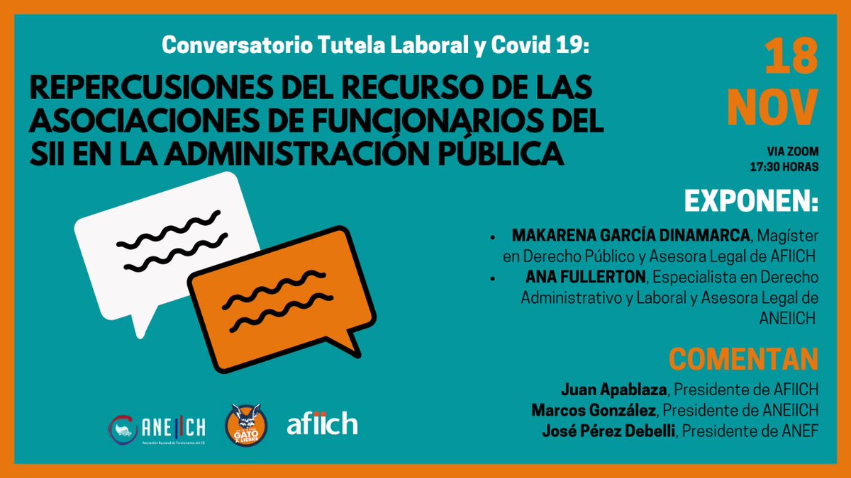 📣Conversatorio "Tutela Laboral y #Covid_19 : repercusiones del recurso presentado por #AFIICH y <a href="/aneiich/">ANEIICH</a> en la administración pública"

Exponen: <a href="/m19799/">makarena garcia</a> y <a href="/ANAFULLERTON/">ANAEFC</a>, abogadas

📌 Cuándo? Este miércoles 18/11 ⏰ las 17.30hrs 🎦 ZOOM

Inscríbete ✍ 👇 bit.ly/2UtIXsZ