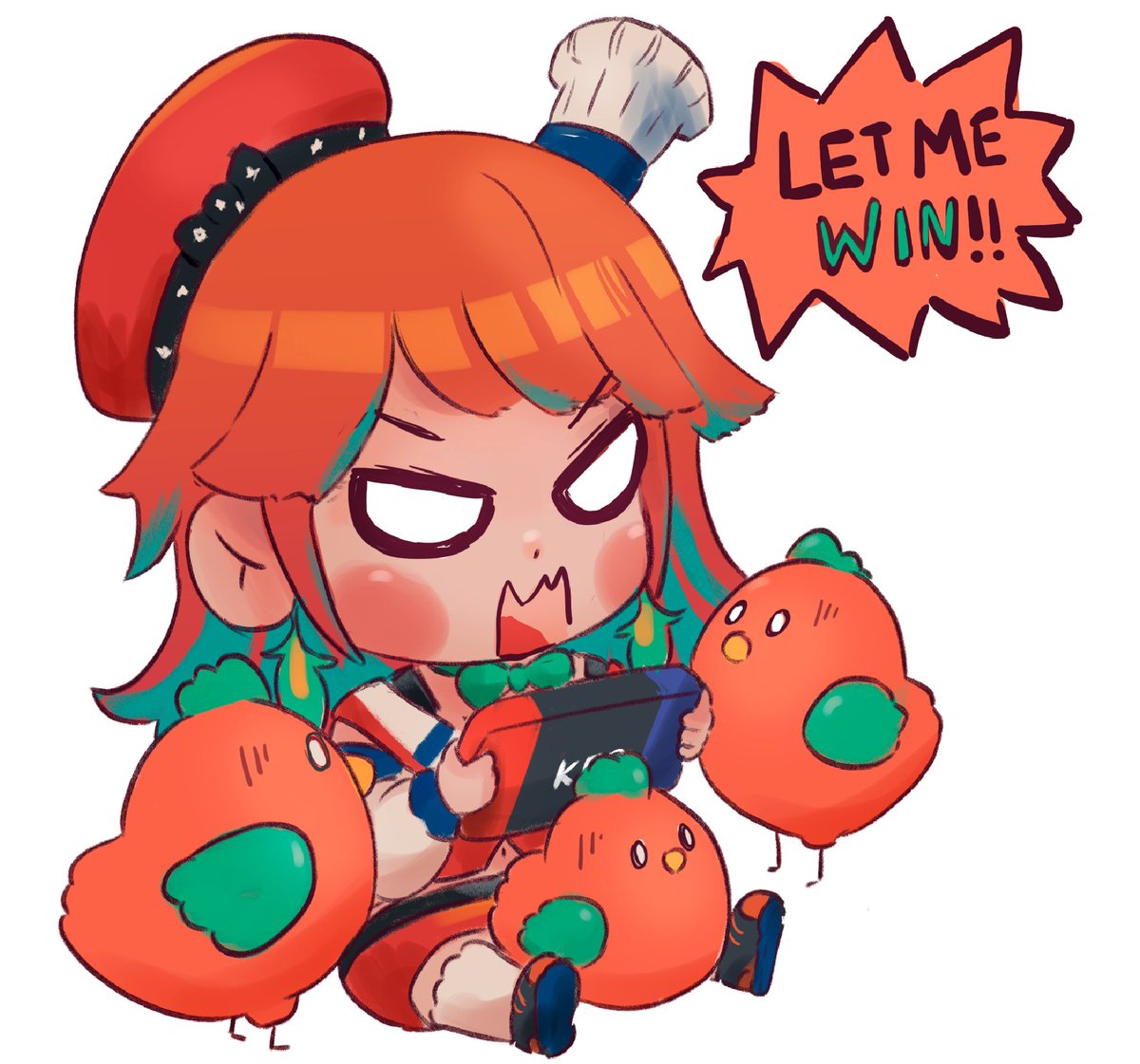 takanashi kiara 1girl hat chibi orange hair holding open mouth sitting  illustration images