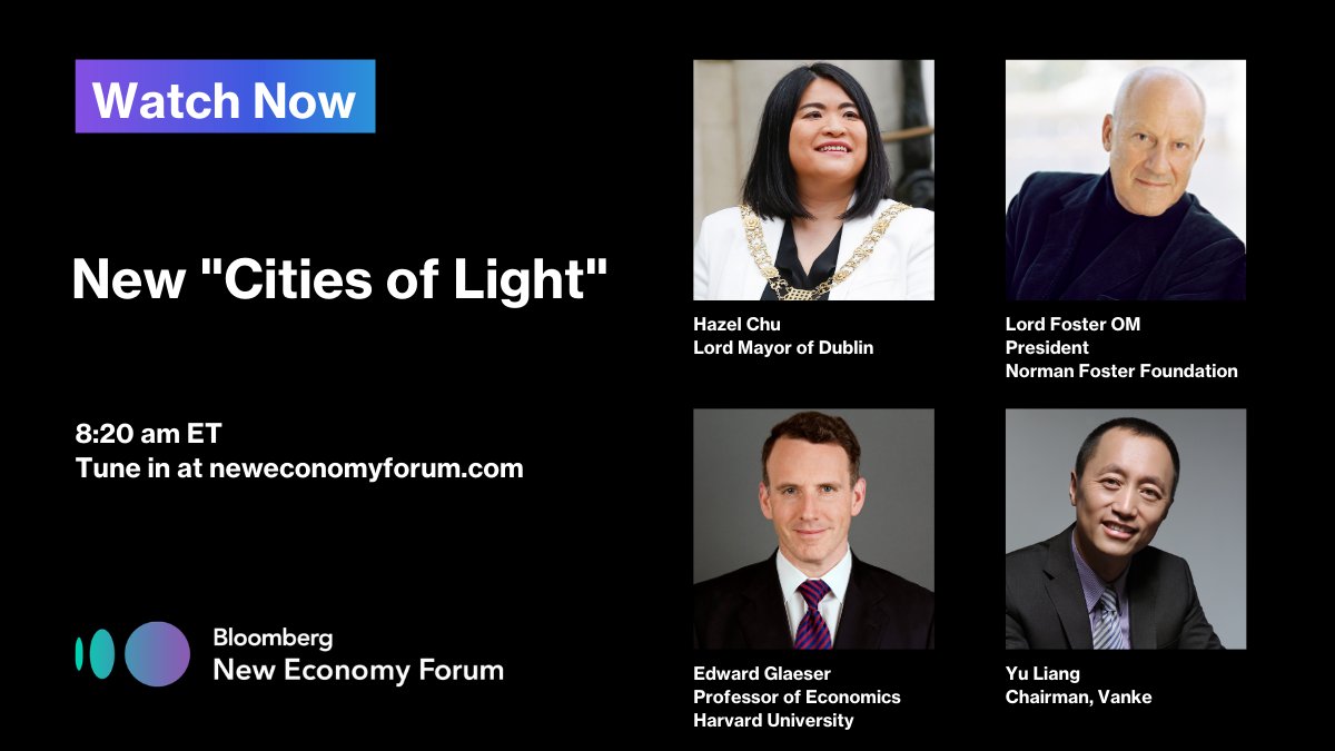 BBGNewEconomy's tweet image. How can cities use this moment to imagine a better urban environment? Join us now to continue the dialogue with Lord Mayor of Dublin @hazechu, President of @NormanFosterFdn, Edward Glaeser Professor @Harvard, &amp;amp; Vanke Chairman Yu Liang #OurNewEconomy neweconomyforum.com
