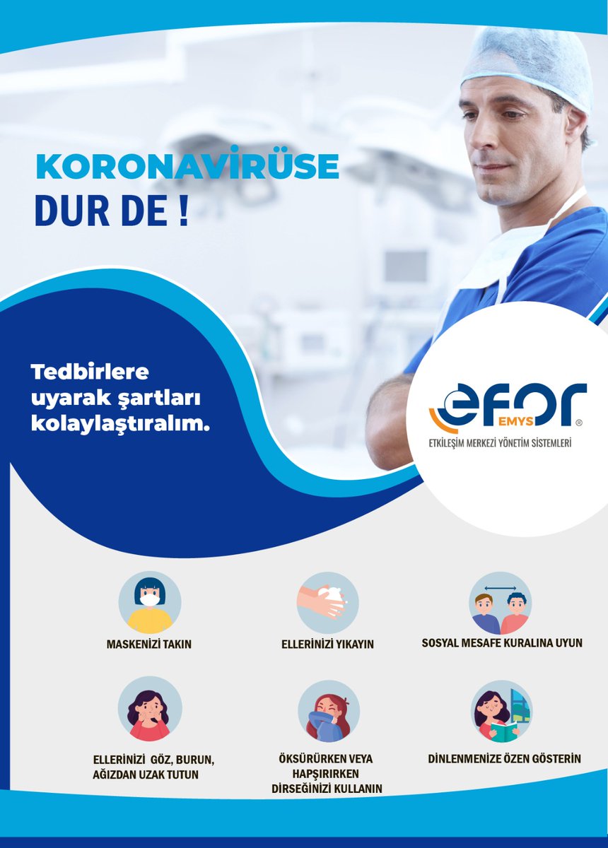 #EFORhatırlatıyor 

Tedbirlere uyarak şartları kolaylaştıralım. 

#Maske #Temizlik #Mesafe