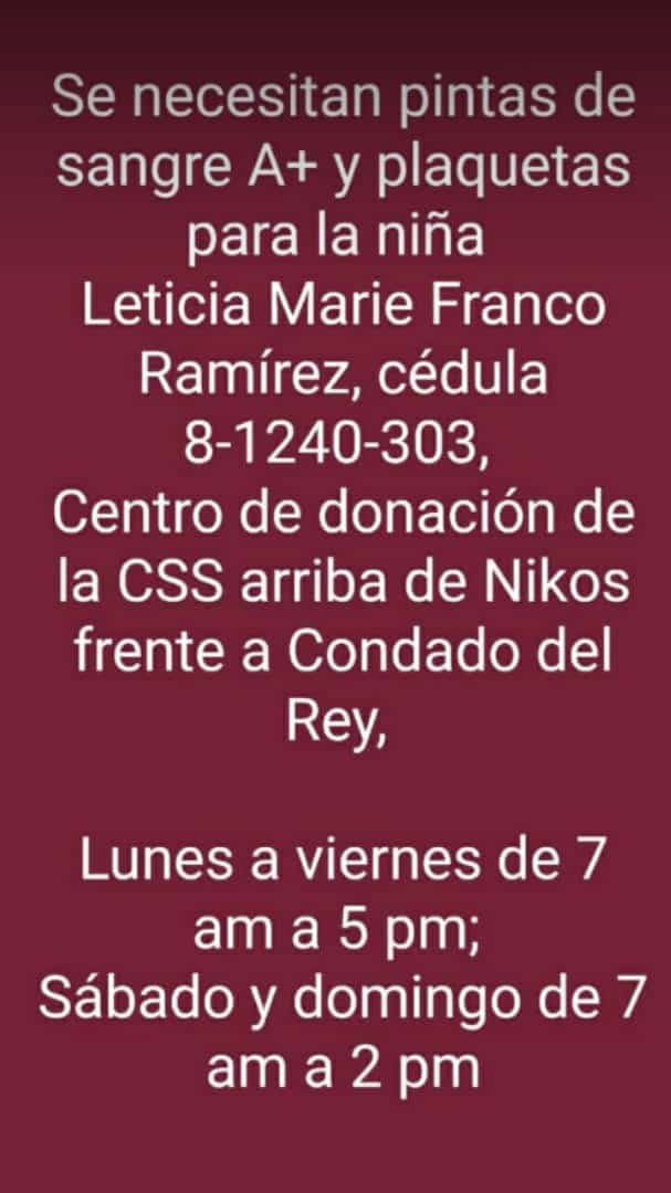 Por favor, les pido de todo corazón me ayuden a compartir en sus redes. Si pueden donar, belleza, si no pueden, con RT somos felices.

Se necesitan pintas (5) para Leticia (tiene 4 meses). La operarán la otra semana del corazón. Hija de una amiga. 

Gracias de antemano!!! Abrazo.