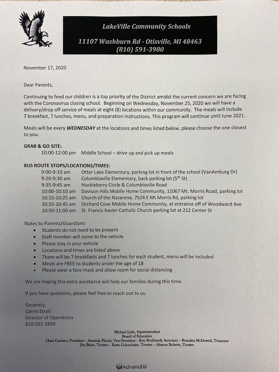 LakevilleHigh's tweet photo. Please see below for updated information on meal distribution. https://t.co/pCUc0x12GX
