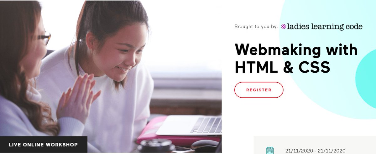 [EN]  @learningcode organise régulièrement des ateliers en ligne dédiés aux plus jeunes, aux enseignant·e·s et aux femmes.Les jeunes filles qui souhaitent apprendre à coder peuvent s’inscrire à l’atelier du 21/11 https://www.canadalearningcode.ca/experiences/vancouver-chapter-ladies-learning-code-webmaking-with-html-css/
