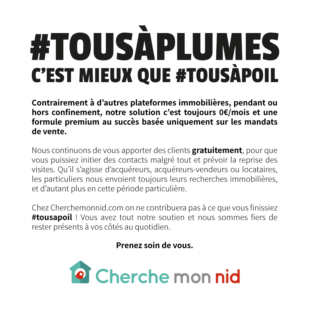 Avec Cherchemonnid, en cette période particulière, vous serez plutôt #tousaplumes que #tousapoil ! Pour vous inscrire en tant que pro de l'immo : rebrand.ly/CMN-pros #immo #immobilier #realestate