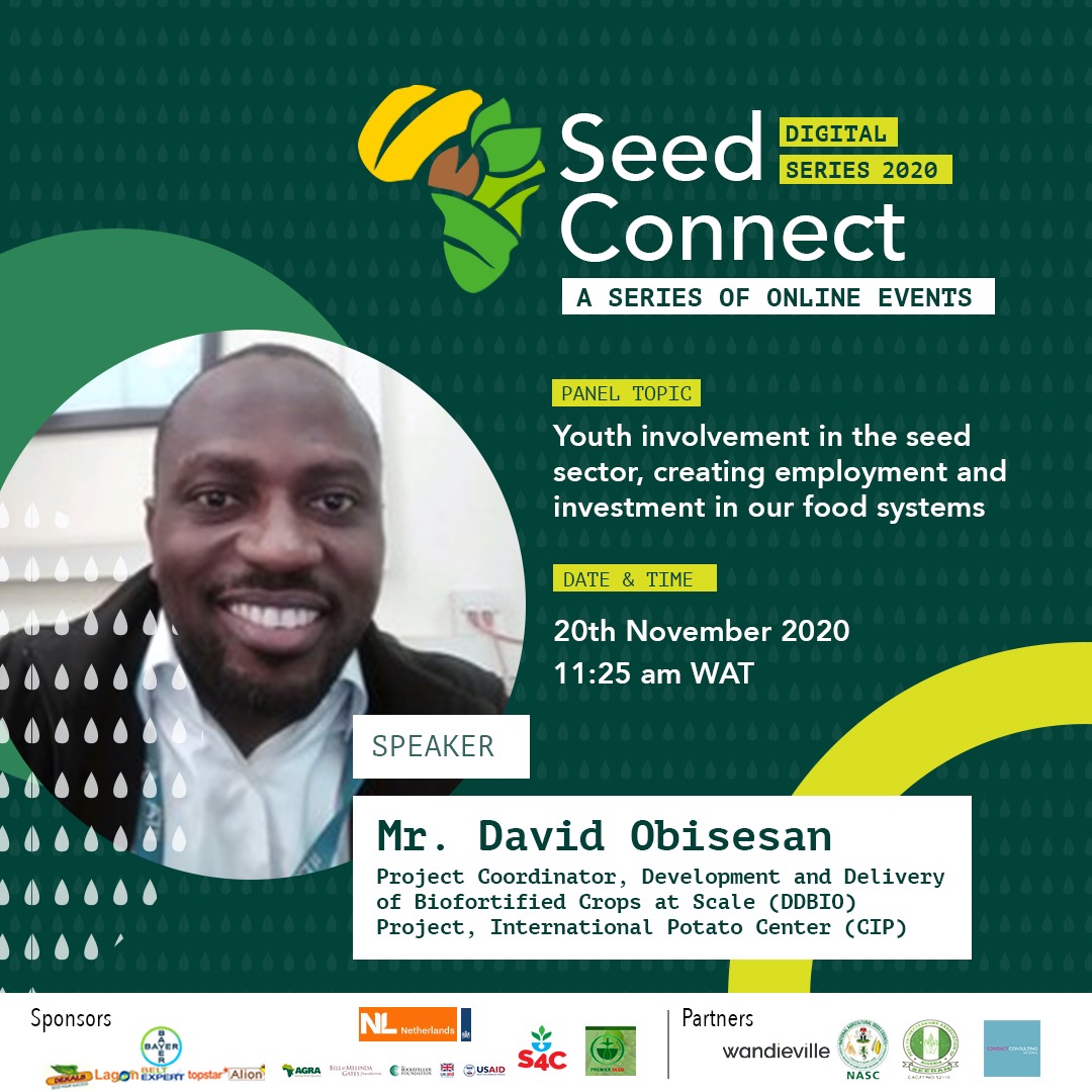 Meet some of the #speakers for the upcoming #SeedConnect2020 #webinar series, themed “Building Resilience in our Seed System to achieve Sustainable Food Systems”
Don't miss out! Register now 👉seedconnect.ng
<a href="/obisesanjnr/">DAVID OBISESAN</a> <a href="/Cipotato/">International Potato Center</a> @wandieville <a href="/IITA_CGIAR/">IITA</a> <a href="/RadioIITA/">RadioIITA</a>