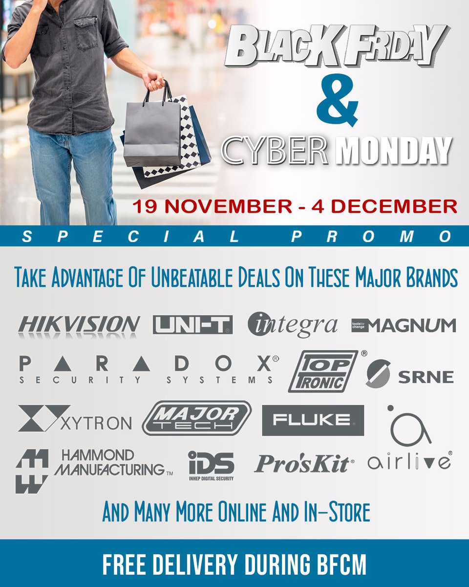 CommunicaZA's tweet photo. Our explosive Black Friday / Cyber Monday deals are going Live on Thursday at midnight‼️💥

Shop all your favourite brands from categories like home automation, security, IoT, tools, test instruments and many more and the best part of all is we're offering FREE DELIVERY online 🥳 https://t.co/dKvPqNmHTW
