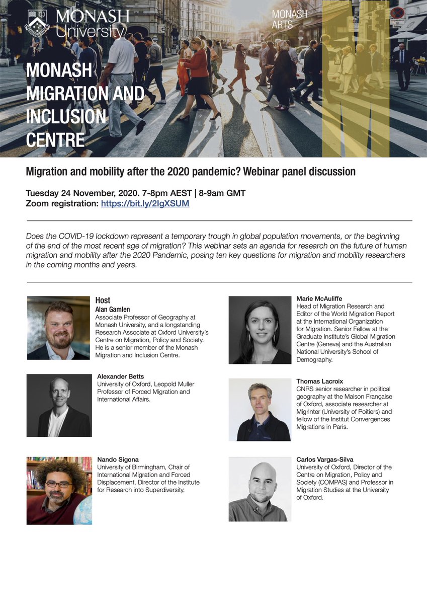 alangamlen's tweet photo. Migration and mobility after the pandemic: The end of an age?

Join me in discussion with Alexander Betts, Thomas Lacroix, Marie McAuliffe, Nando Sigona and Carlos Vargas-Silva. 

Tues 24 Nov @ 7-8pm AEST | 8-9am GMT Zoom registration: https://t.co/0LY6mxNzyj

Please retweet! https://t.co/H6PdNmmGyk