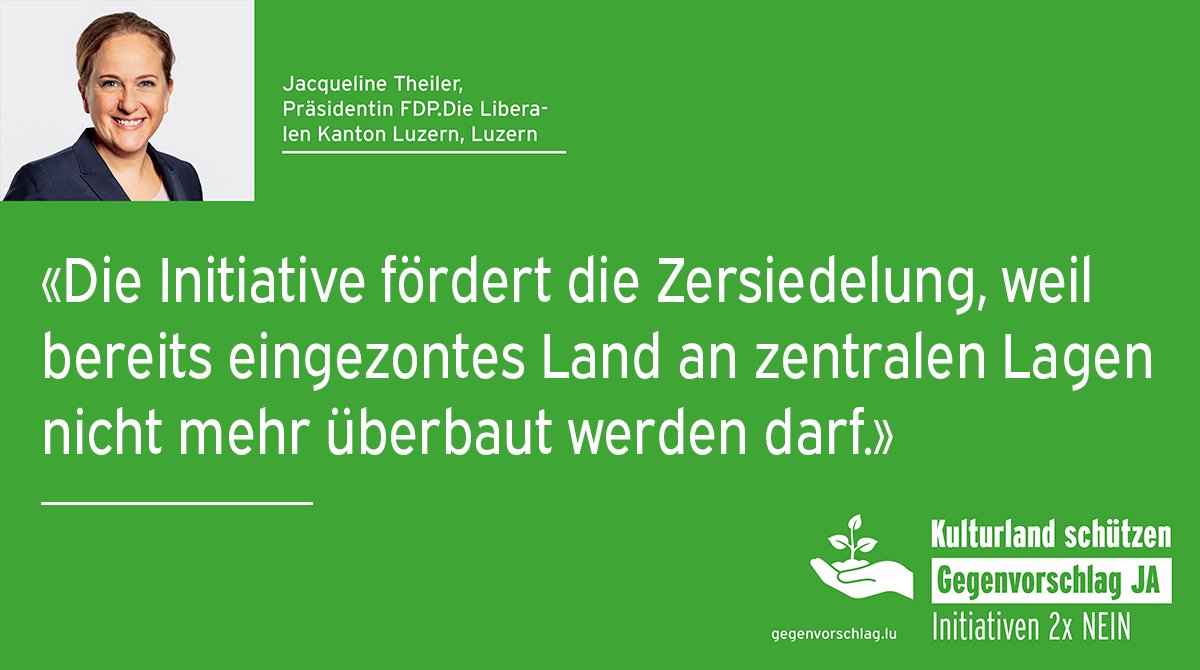 FDP_Luzern's tweet photo. 🔴2x NEIN zu den Kulturlandinitiativen
🟢1x JA zum Gegenvorschlag
Stichfrage: Gegenvorschlag
Mehr Informationen, wie die Zersiedelung am besten kontrolliert werden kann, finden Sie hier: https://t.co/zer203QLX7 https://t.co/vsgDKvFpEU