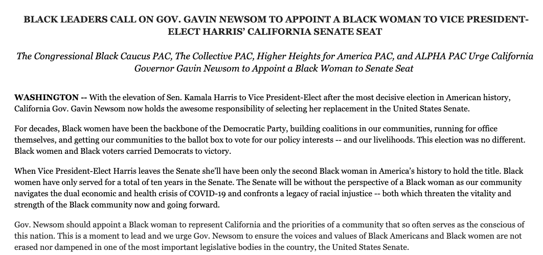 kadiagoba's tweet photo. Black leaders are calling on Gov. Gavin Newsom of California to appoint a Black woman to fill Vice President-elect Kamala Harris' Senate seat. https://t.co/vB9mSGCDDg