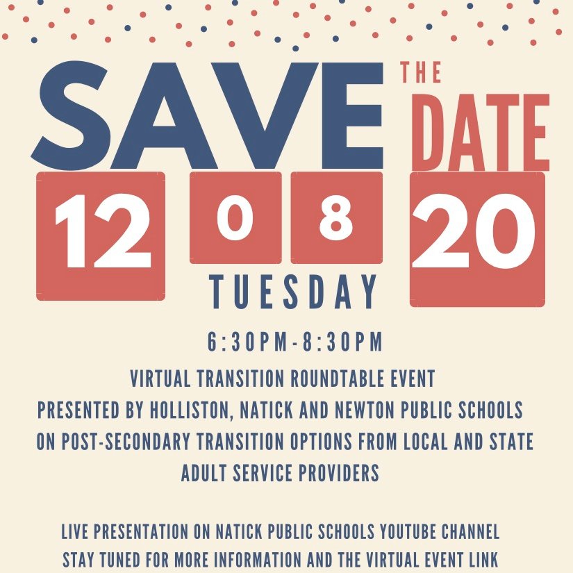 Save the Date for a Virtual Transition Roundtable on 12/8! <a href="/Natick_HS/">Natick High School</a> <a href="/NHSSpecEd/">Erin Miller</a> @fcsn <a href="/NPS_Transition/">Newton PS Transition</a>  <a href="/HollistonHigh/">Holliston High</a> #SecondaryTransition #TransitionPlanning #StudentsWithDisabilities