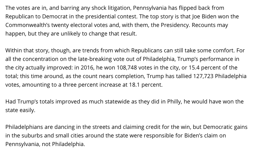 Linda A. Kerns is no longer part of Trump’s Pennsylvania team, but here’s a post on a conservative website she co-founded that points out Trump’s gains in Philadelphia between 2016 and 2020.Hard to square with absurd claims about widespread voter fraud!  https://broadandliberty.com/2020/11/09/kyle-sammin-trumpadelphia-republican-increase-in-philly-votes-echoes-urban-appeal-across-nation/