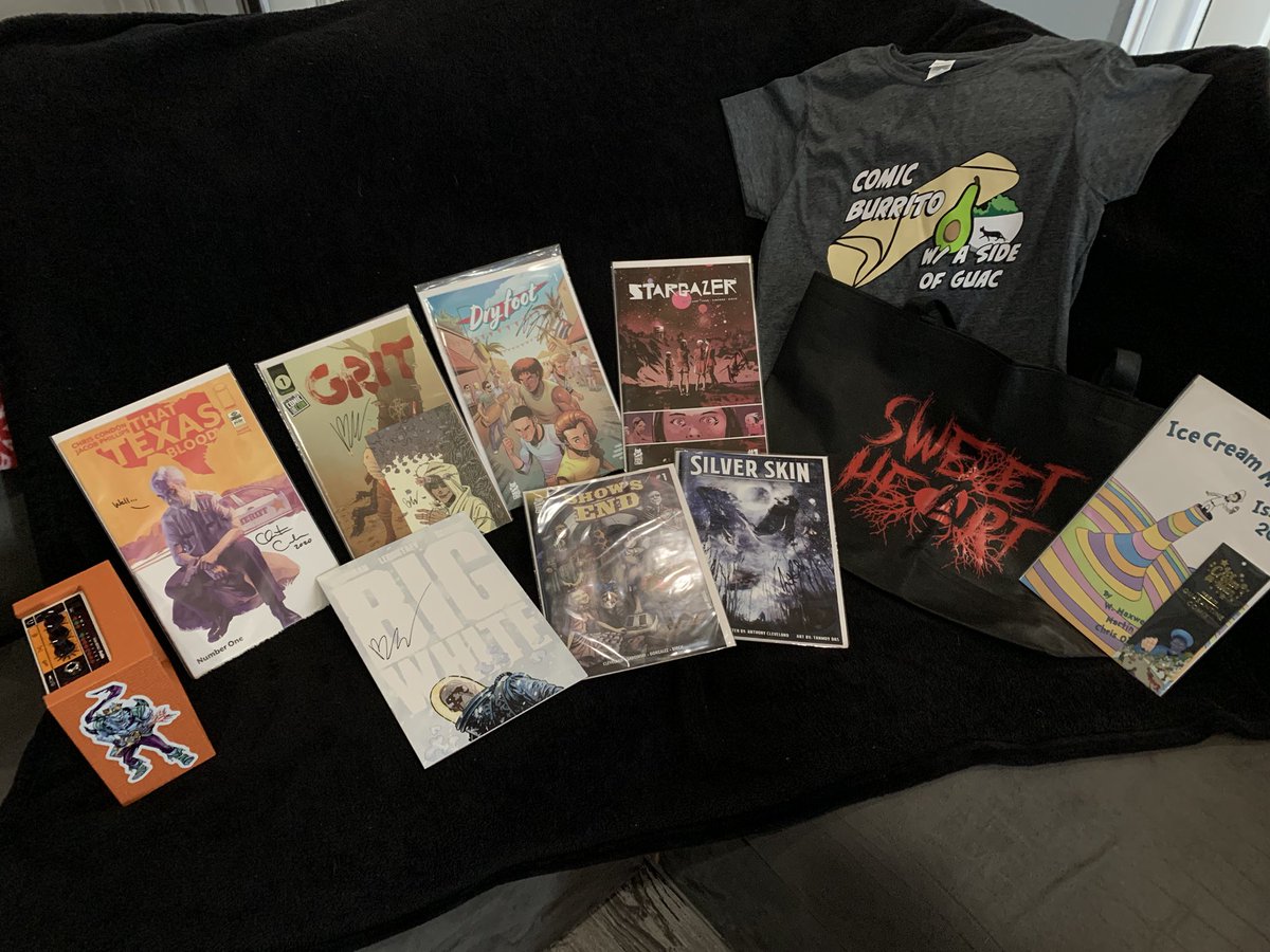 GinAndSomething's tweet photo. @AvivaMaiArtzy I’ve won a few comic book giveaways. Mostly signed singles. also a #SweetHeart tote bag from @DillGilbertson, a custom tshirt designed by @toddnreed of @TheComicBurrito &amp; produced by @AnhyzerDesigns, #NoOneLeftToFight stickers, &amp; #ICM 20 w/ #QuarantineComix foil bookmark. 
/1 https://t.co/EZHGbSp6cS