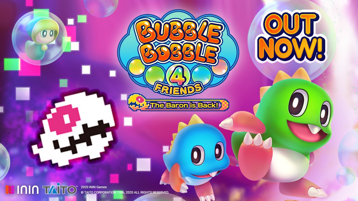 ININ_Games's tweet photo. 💜 Out now! 💜
Bubble Bobble 4 Friends: The Baron is Back! is now live on #PS4 and #NintendoSwitch in the West! PSN EU will follow within two days.
▪️ 4 Player Co-op Mode
▪️ Online Ranking
▪️ A total of 200 levels
▪️ Original Arcade Game incl.
#BB4F #BubbleBobble #BaronisBack https://t.co/4UcN7XGNQw