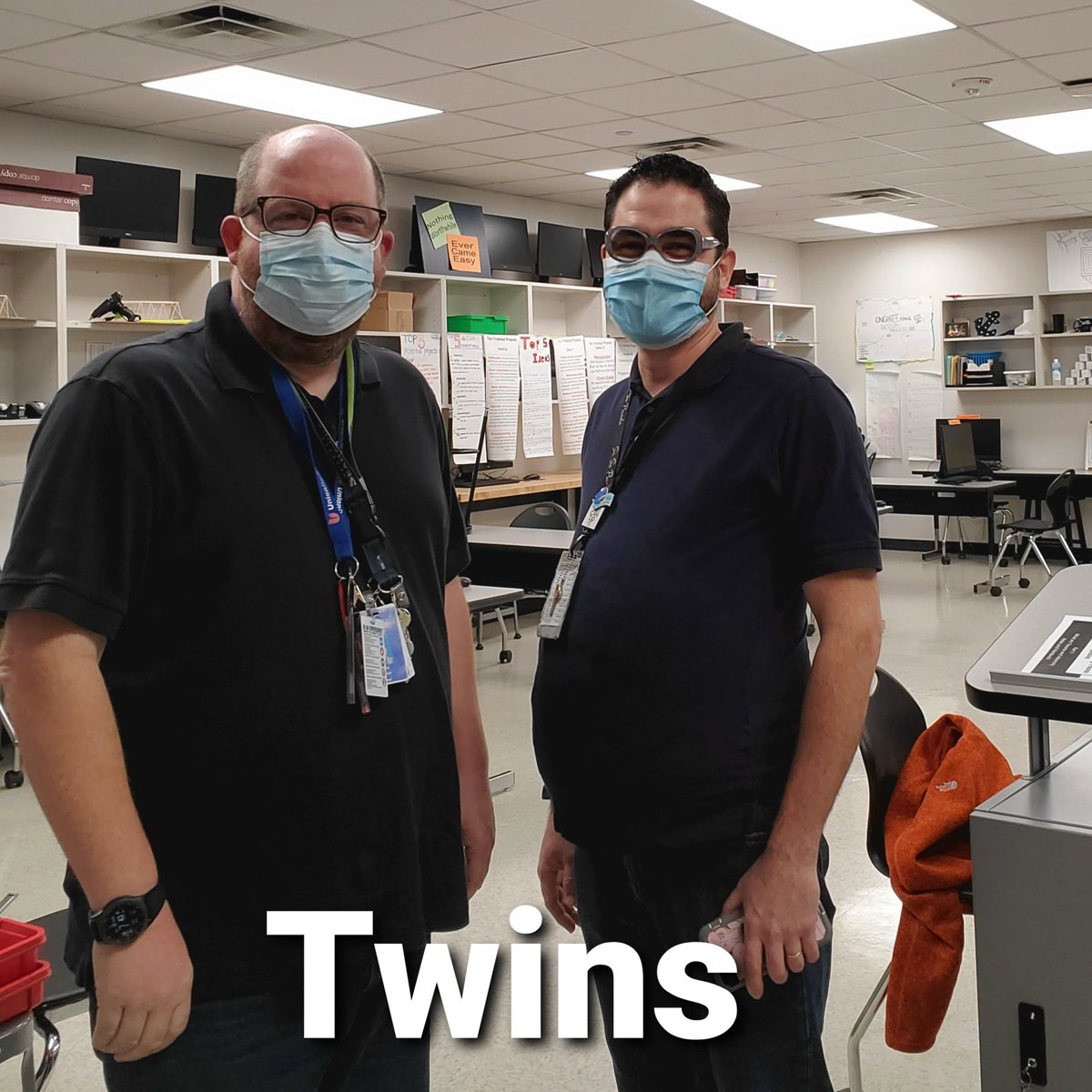 WeirdScience67's tweet photo. Twins day! @AMSRussell_Math @IrvingISD @iisdCTE @NimitzVikings My twin has hair! https://t.co/8YDw5F1wja