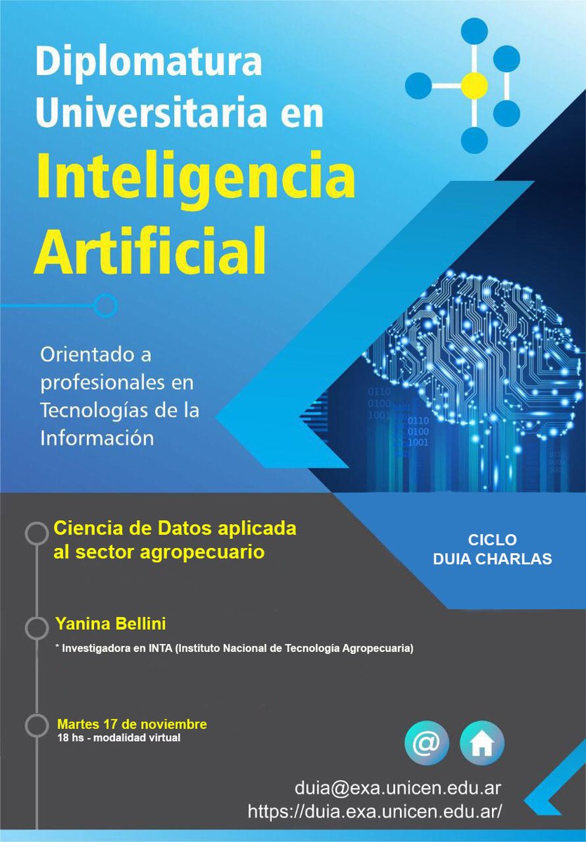 DuiaUnicen's tweet photo. ¡HOY! Charla: Ciencia de Datos aplicada al sector agropecuario, a cargo de @yabellini . Desde las 18hs. #AI #ArtificialInteligence #DUIA @DuiaUnicen @cepitargentina @GEX_UNICEN @UnicenARG @FCEx_UNICEN https://t.co/iUqtZSc7iz