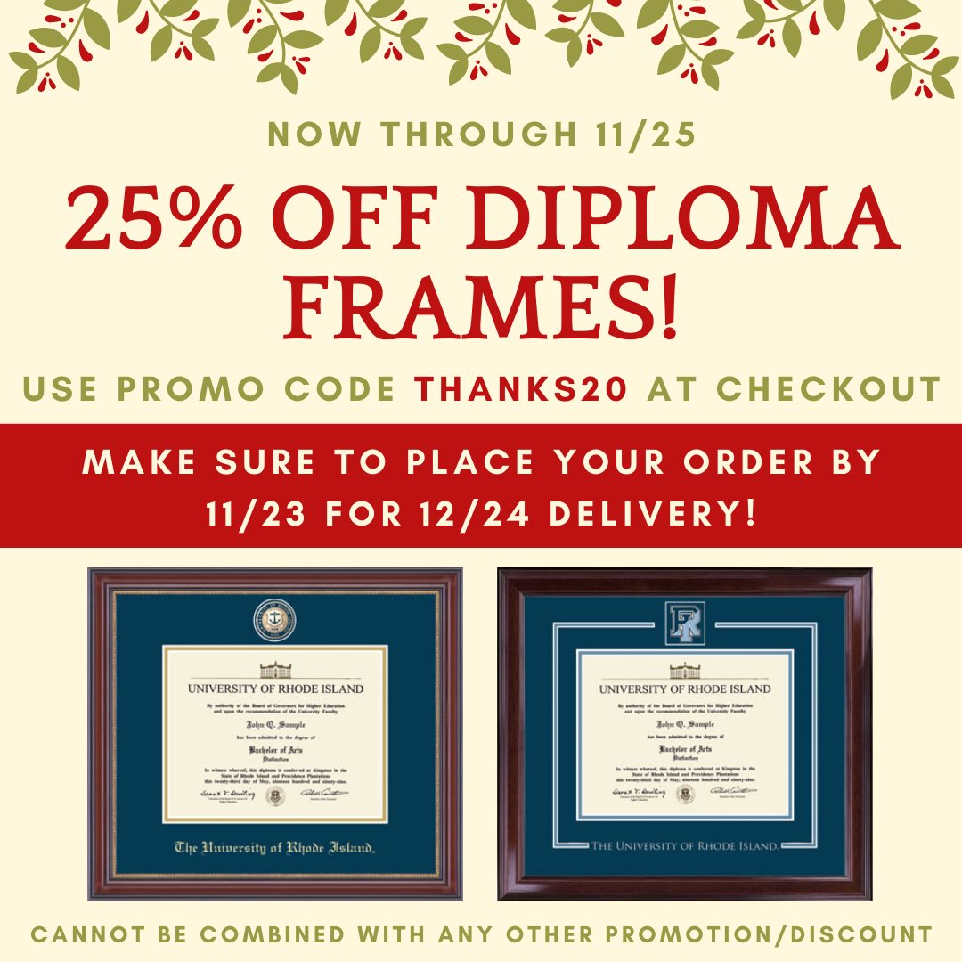 URICampusStore's tweet photo. Don’t miss our 25% off clothing &amp; gift sale! Diploma frames included!💙🐏🎓

*Make sure to place your order by 11/23 for 12/24 delivery! #uri #rams #urirams #rhody @diplomaframe https://t.co/vUprQkAt3o