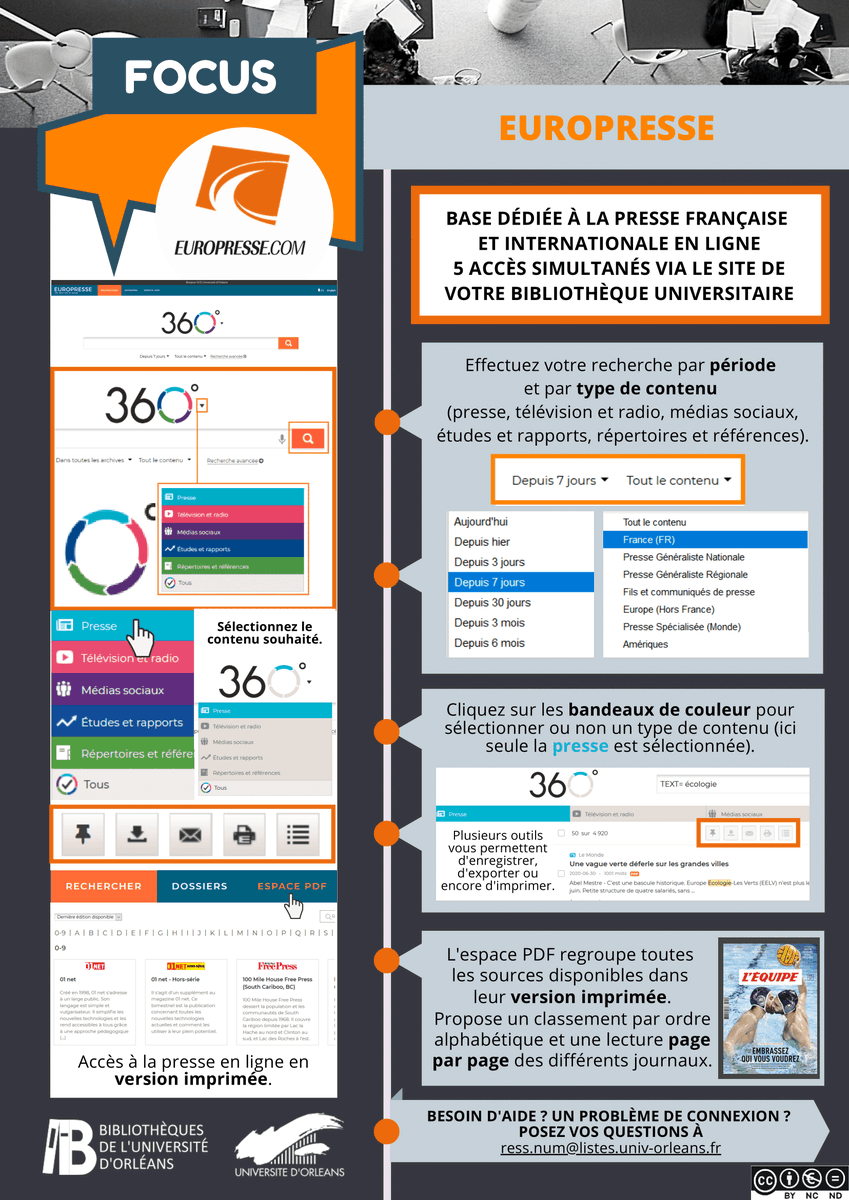 Univ_Orleans's tweet photo. [Focus Ressources ℹ️]

Chaque semaine, la BU propose une notice d'utilisation d'une ressource en ligne.
Aujourd'hui, découvrez la base dédiée à la presse en ligne : Europresse

@Europresse_com ➡ https://t.co/F1kVicA44R

5 accès simultanés⚠

#BaseBib #ContinuitePedagogique #Tuto https://t.co/UMn9hKQ1nJ