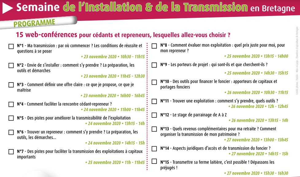Le Réseau Transmission breton organise la Semaine de l'installation-transmission du 23 au 27 novembre 
Futurs cédants ou repreneurs ces web-conférences gratuites sont pour vous !

Inscription obligatoire : docs.google.com/.../1FAIpQLSeI…

#transmission #Bretagne #renouvellementagricole